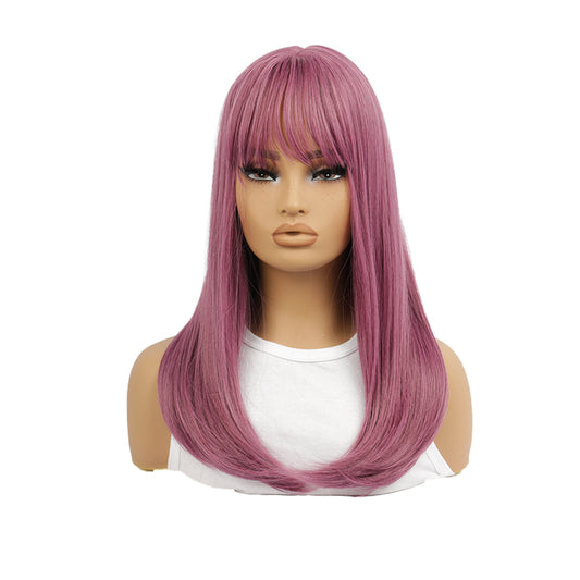 Long Straight Wig – Rose Pink Hair with Blunt Bangs