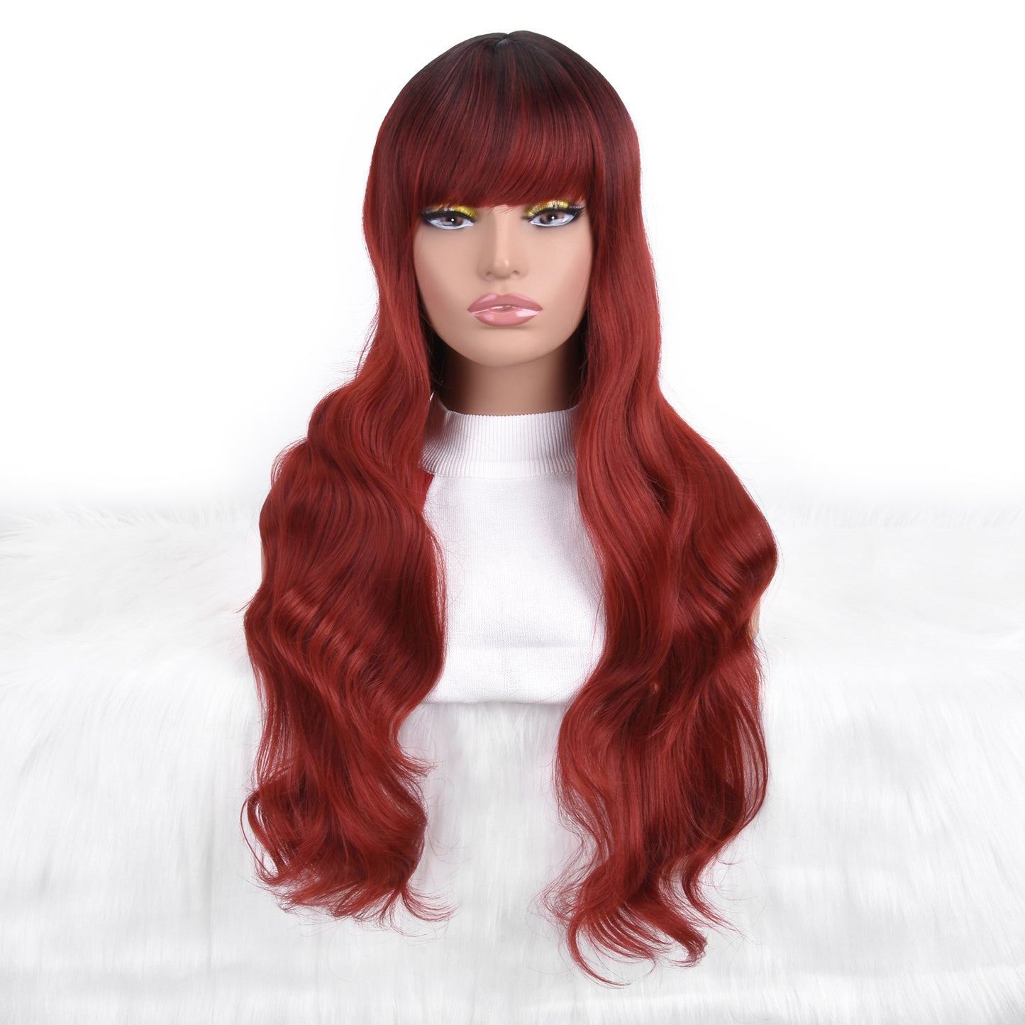 Long Red Wavy Wig with Bangs – Burgundy Red Body Wave Full Wig