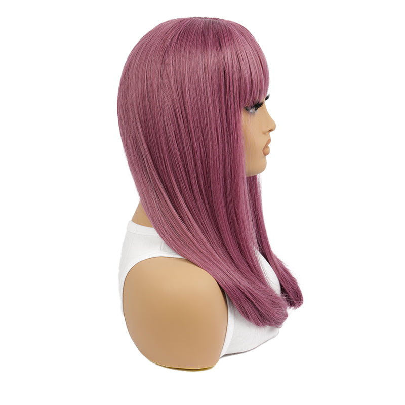 Long Straight Wig – Rose Pink Hair with Blunt Bangs