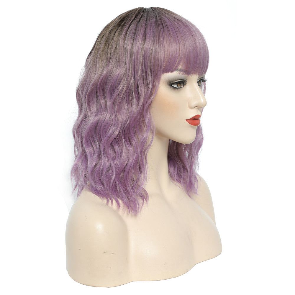 Long Lavender Purple Wavy Wig with Bangs – Shoulder Length Curly Full Wig