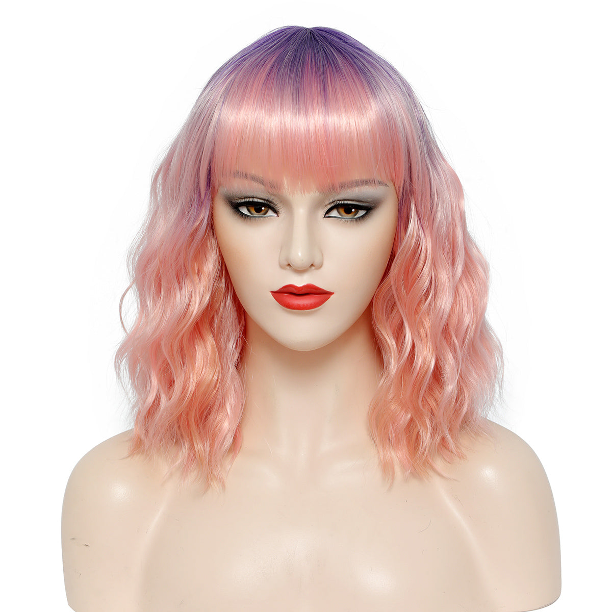 Medium Wavy Pink & Purple Wig with Bangs – Pastel Peach Pink Lavender Ombre Wig