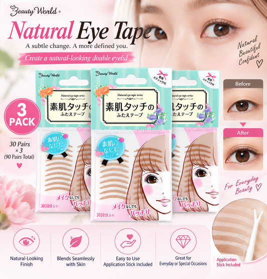 Beauty World Natural Eye Tape, Double Eyelid Makeup Tape, Nude, 30 Uses x 3 Pack