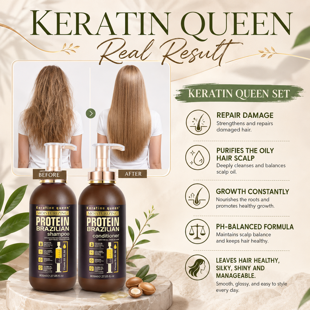 KERATIN QUEEN Moisturizing Protein Brazilian Shampoo, Conditioner and Hair Mask Set