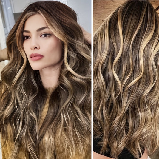 Long Wavy Highlight Wig – Mixed Brown Blonde Loose Wave Wig