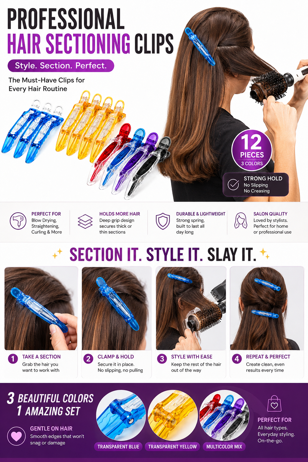 Plastic Alligator Hair Clips 12 Pcs