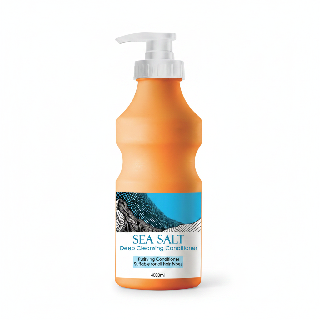 Two bottles of hair care products, one labeled as Sea Salt Deep Cleansing Shampoo and the other as Conditioner, both with a pump dispenser and orange in color with blue wave design.