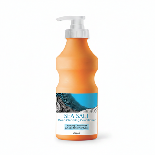 Two bottles of hair care products, one labeled as Sea Salt Deep Cleansing Shampoo and the other as Conditioner, both with a pump dispenser and orange in color with blue wave design.