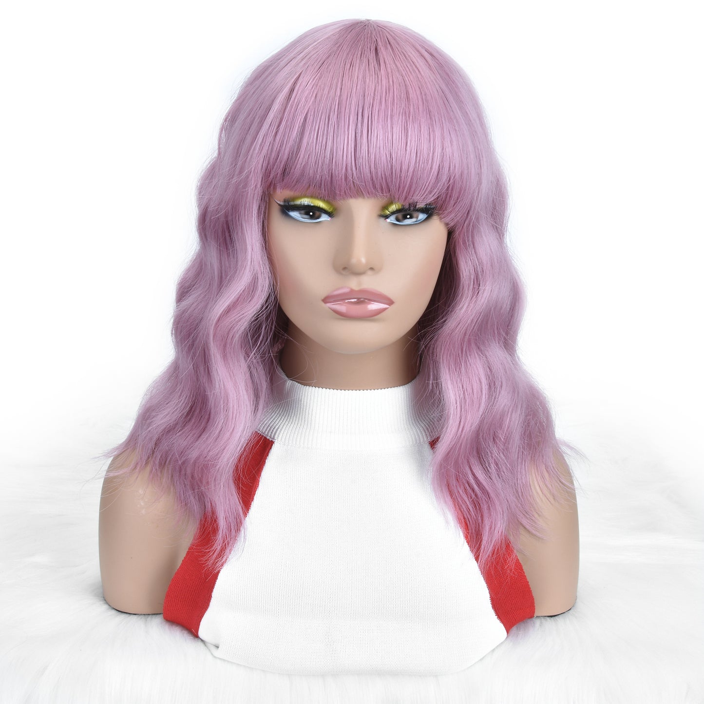 Long Lavender Pink Wavy Wig with Bangs – Pastel Lilac Shoulder Length Wig