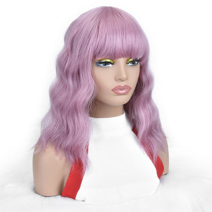 Long Lavender Pink Wavy Wig with Bangs – Pastel Lilac Shoulder Length Wig