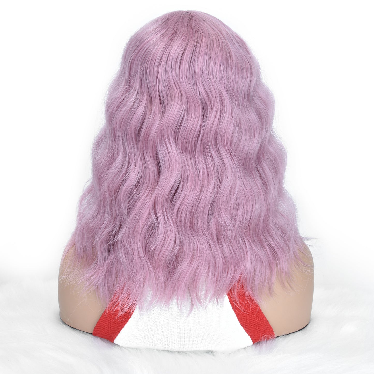 Long Lavender Pink Wavy Wig with Bangs – Pastel Lilac Shoulder Length Wig