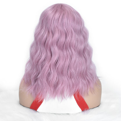 Long Lavender Pink Wavy Wig with Bangs – Pastel Lilac Shoulder Length Wig