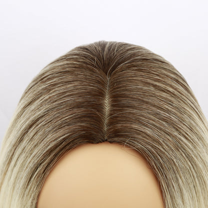 Short Blonde Bob Wig – Shoulder Length Straight Hair with Dark Roots