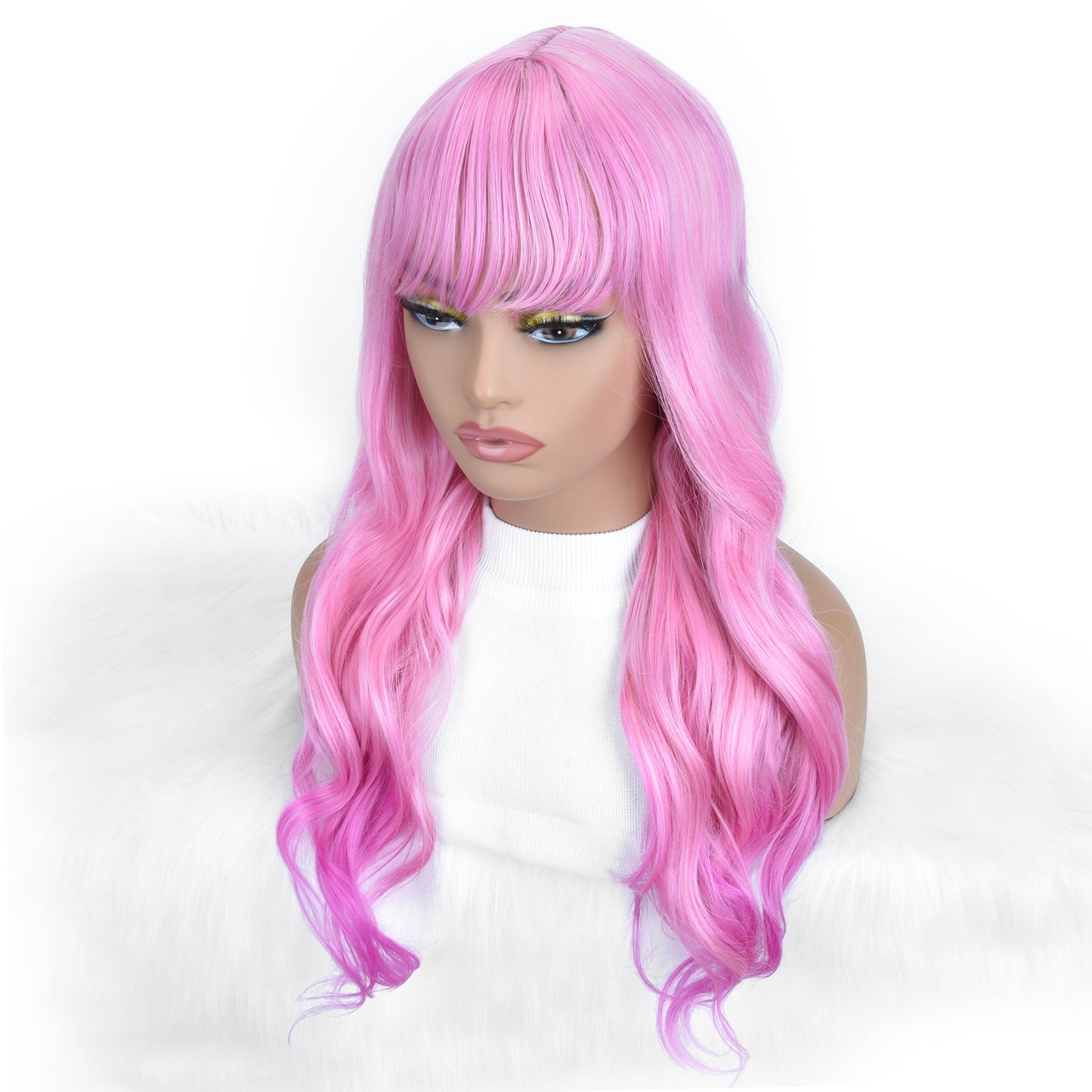 Long Pink Wavy Wig with Bangs – Bright Pink Loose Wave Full Wig