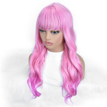 Long Pink Wavy Wig with Bangs – Bright Pink Loose Wave Full Wig