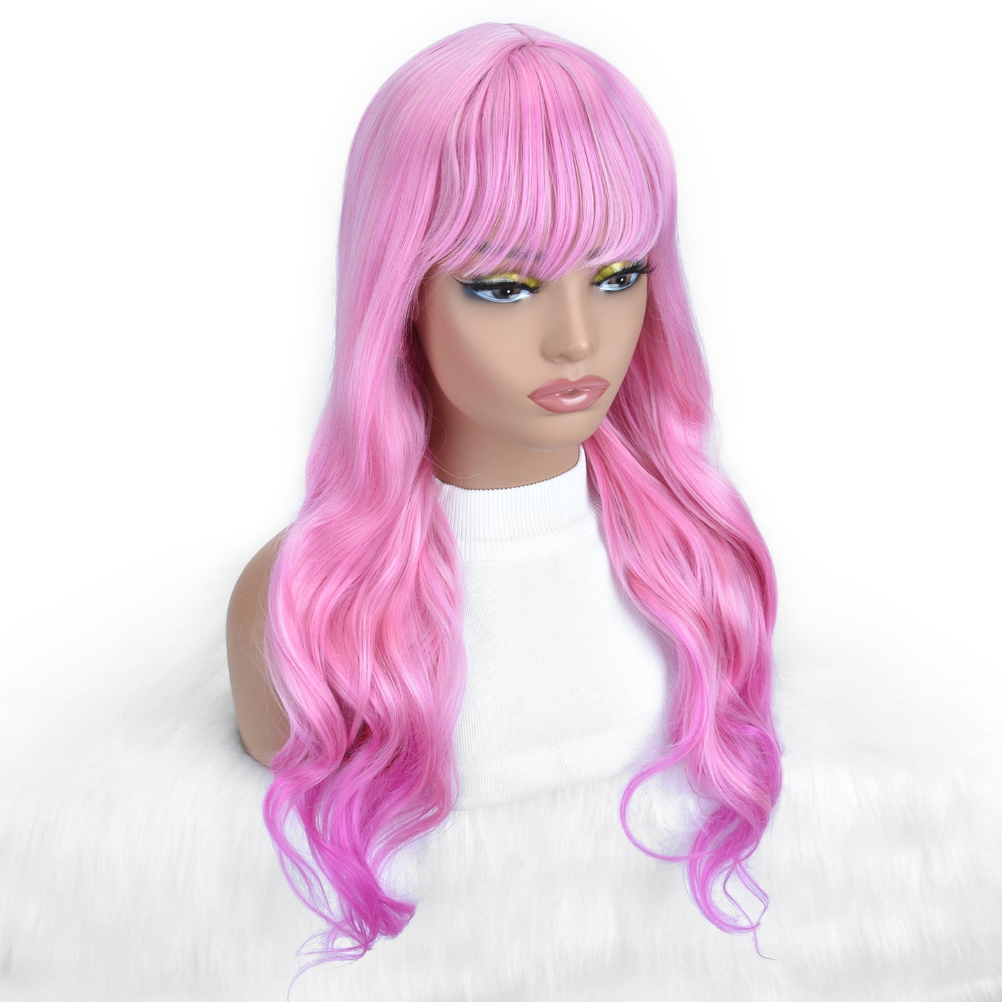 Long Pink Wavy Wig with Bangs – Bright Pink Loose Wave Full Wig