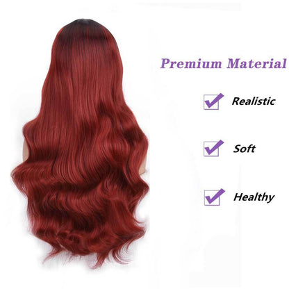 Long Red Wavy Wig with Bangs – Burgundy Red Body Wave Full Wig