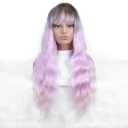 Long Pastel Purple Wavy Wig with Bangs – Lavender Ombre Wig with Dark Roots