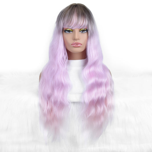Long Pastel Purple Wavy Wig with Bangs – Lavender Ombre Wig with Dark Roots