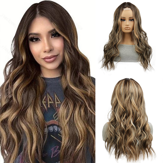 Long Wavy Highlight Wig – Mixed Brown Blonde Loose Wave Wig
