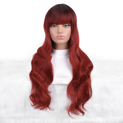 Long Red Wavy Wig with Bangs – Burgundy Red Body Wave Full Wig