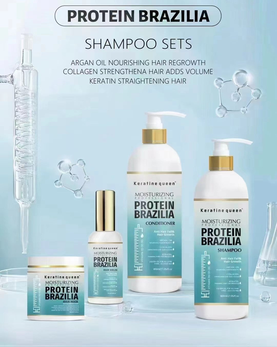KERATIN QUEEN Anti-Hair Loss Moisturizing Protein Brazilian Shampoo, Conditioner and Hair Mask Set