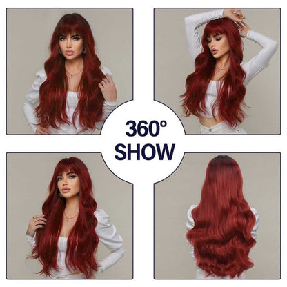 Long Red Wavy Wig with Bangs – Burgundy Red Body Wave Full Wig