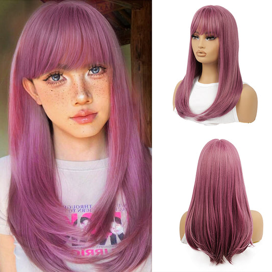 Long Straight Wig – Rose Pink Hair with Blunt Bangs