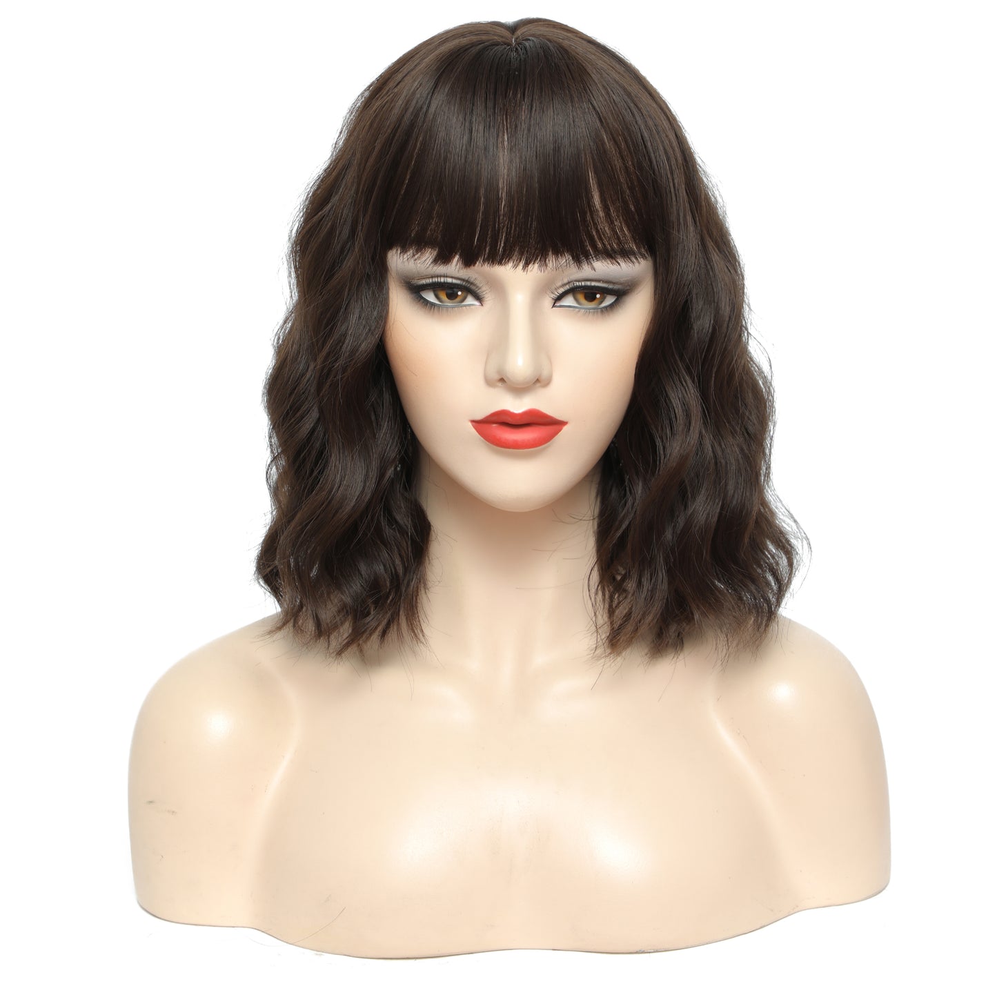 Short Wavy Wig with Bangs Dark Brown – Shoulder Length Layered Full Wig