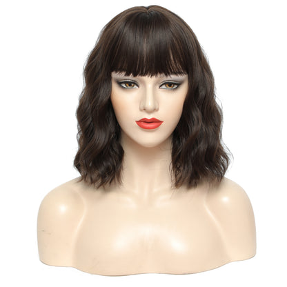 Short Wavy Wig with Bangs Dark Brown – Shoulder Length Layered Full Wig