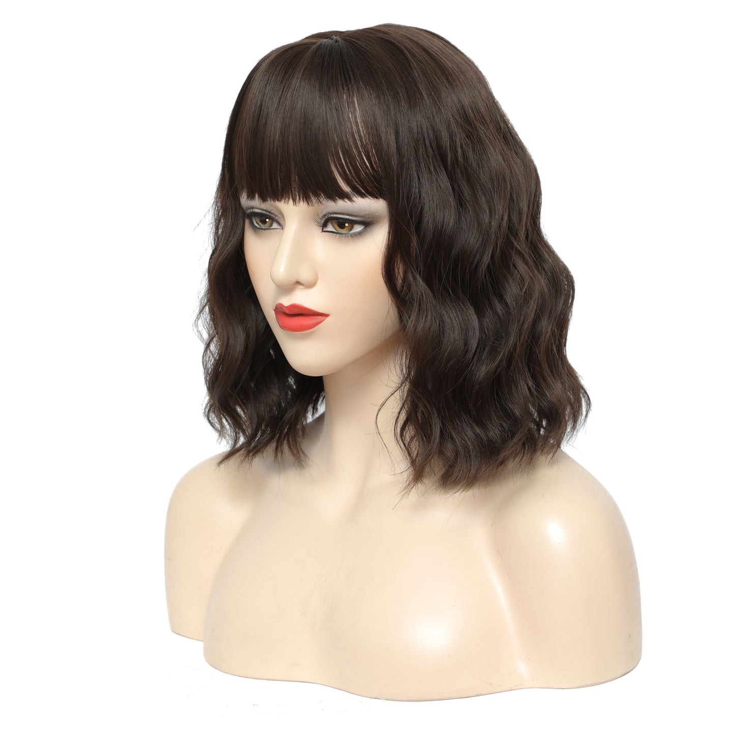 Short Wavy Wig with Bangs Dark Brown – Shoulder Length Layered Full Wig