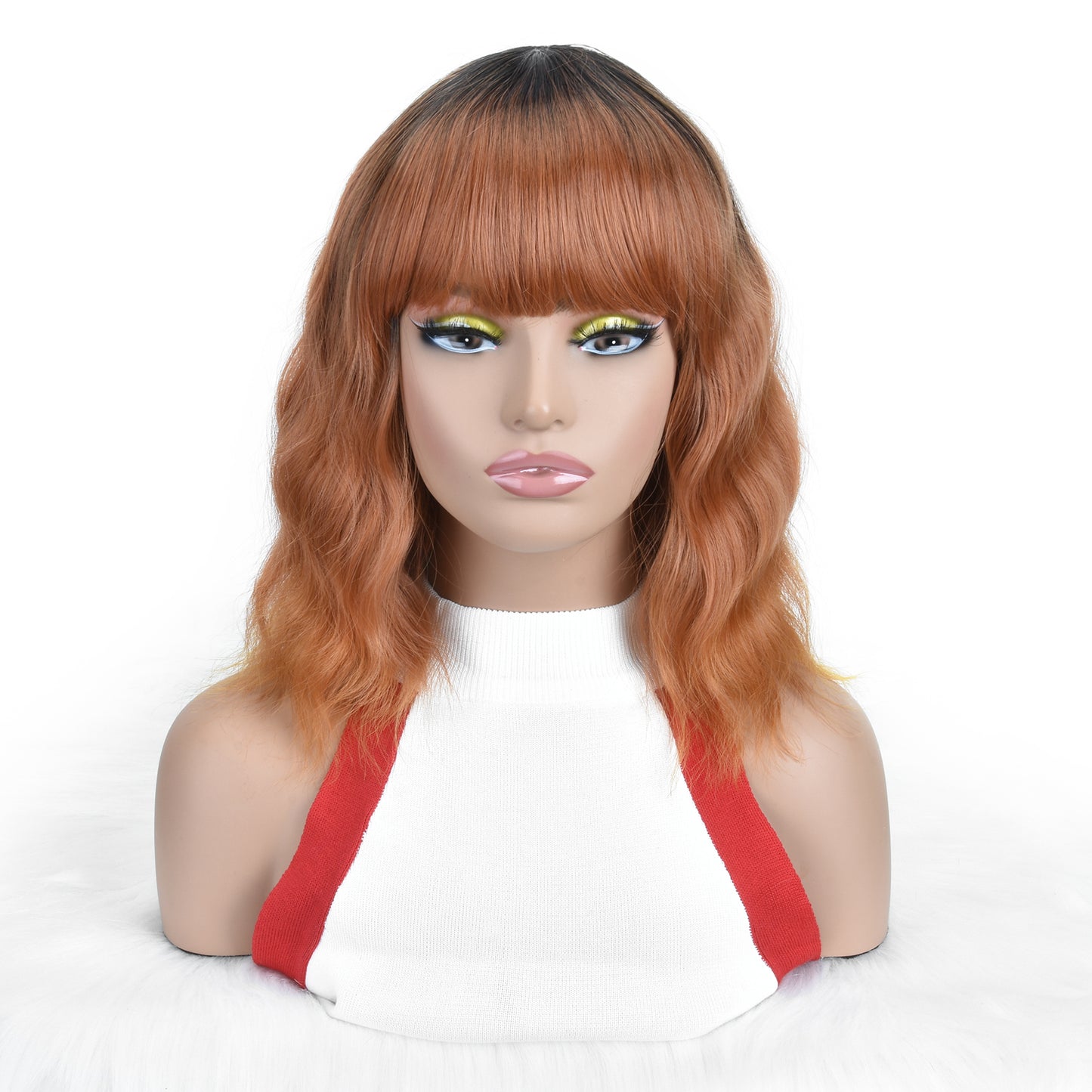 Auburn Wavy Wig with Bangs – Shoulder Length Curly Wig