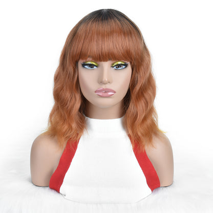 Auburn Wavy Wig with Bangs – Shoulder Length Curly Wig