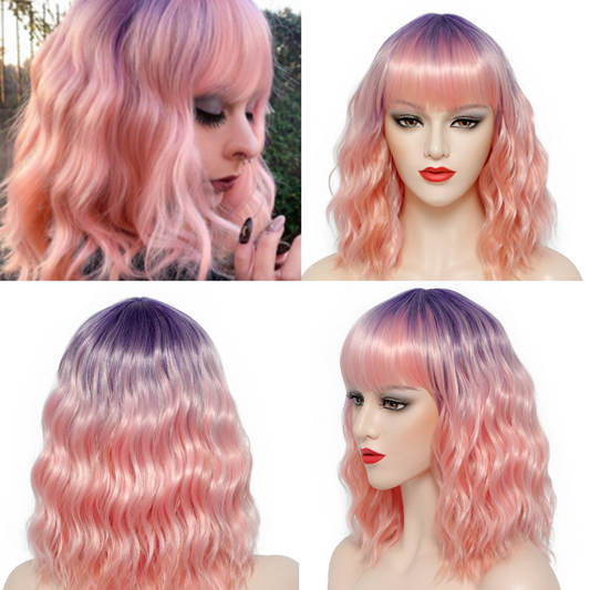 Medium Wavy Pink & Purple Wig with Bangs – Pastel Peach Pink Lavender Ombre Wig