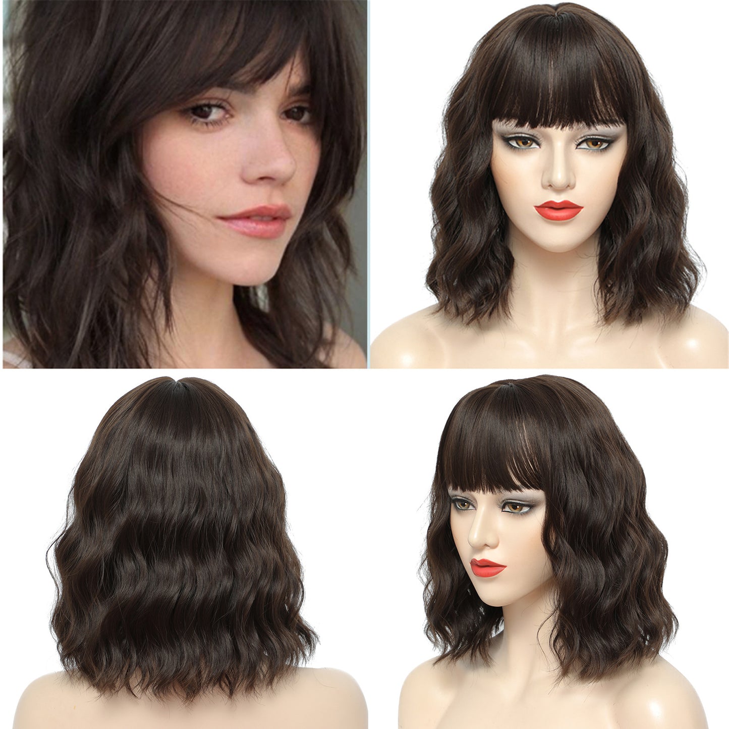 Short Wavy Wig with Bangs Dark Brown – Shoulder Length Layered Full Wig