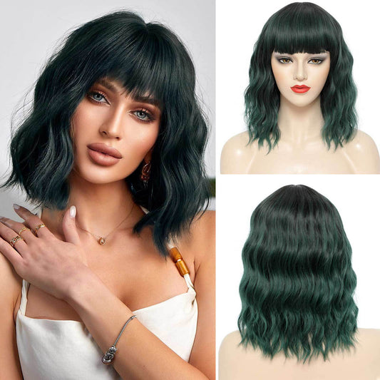 Short Dark Green Wavy Wig with Bangs – Deep Emerald Green Bob Wig