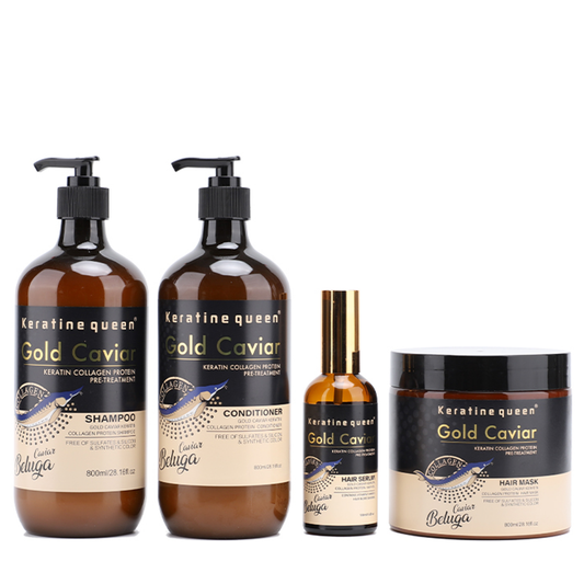 KERATIN QUEEN Gold Caviar Hair Shampoo, Conditioner, Serum and Treatment Mask Combo Set
