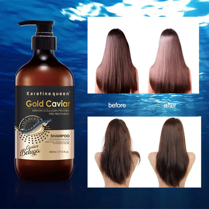 KERATIN QUEEN Gold Caviar Hair Shampoo, Conditioner, Serum and Treatment Mask Combo Set