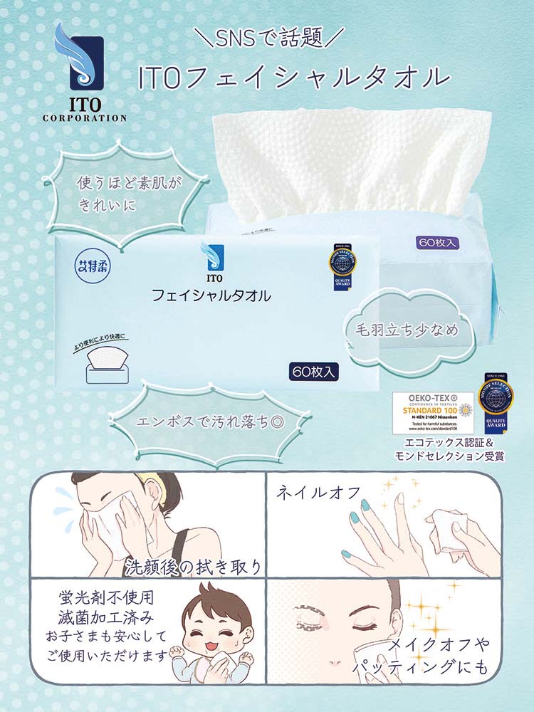 ITO Facial Towels 60 pcs – Disposable Soft Embossed Cotton Cleansing & Makeup Removal