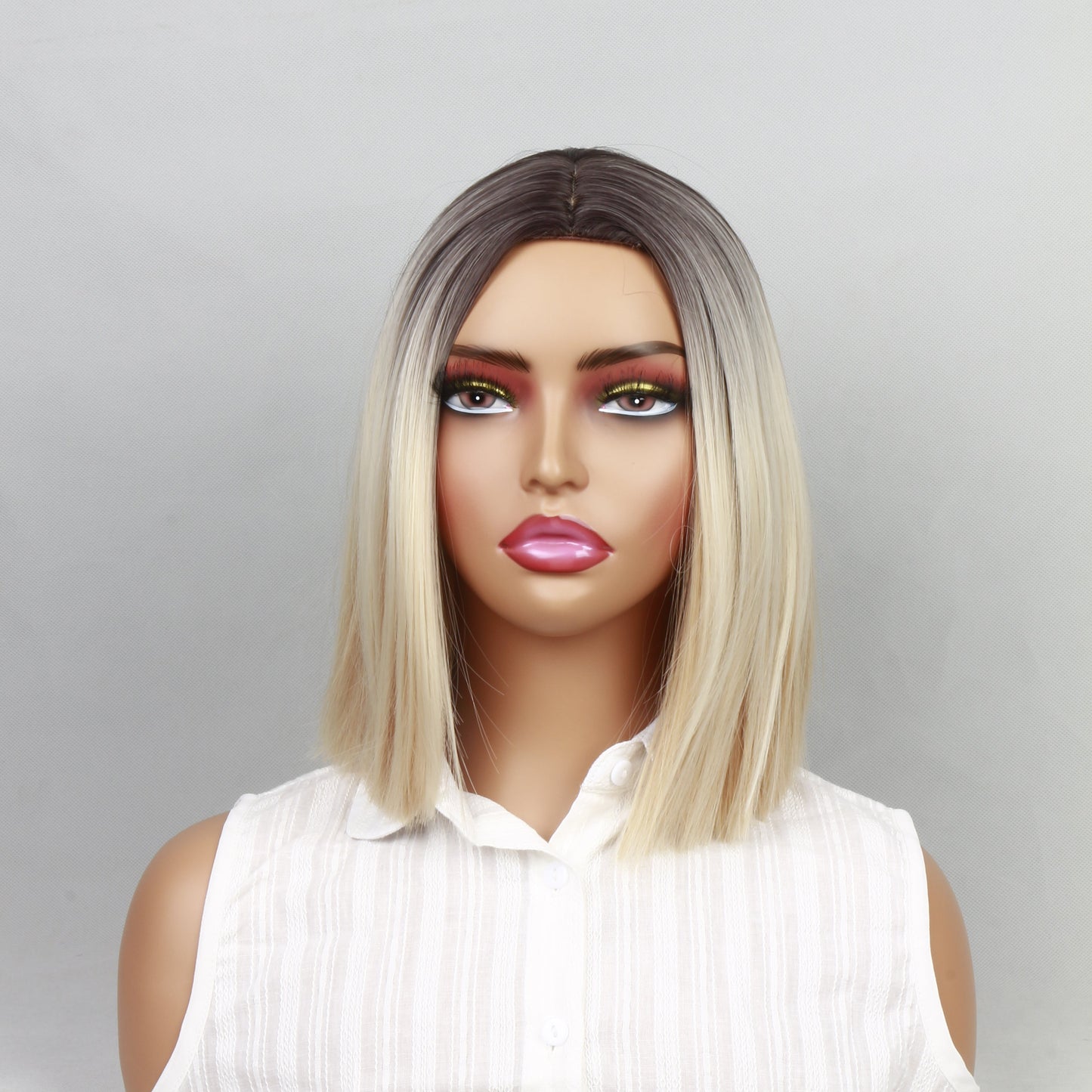Short Blonde Bob Wig – Shoulder Length Straight Hair with Dark Roots