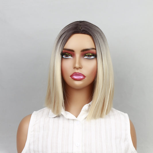 Short Blonde Bob Wig – Shoulder Length Straight Hair with Dark Roots