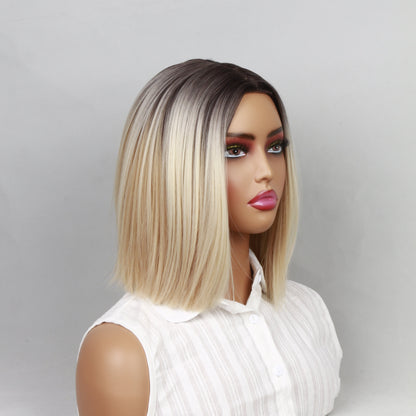Short Blonde Bob Wig – Shoulder Length Straight Hair with Dark Roots