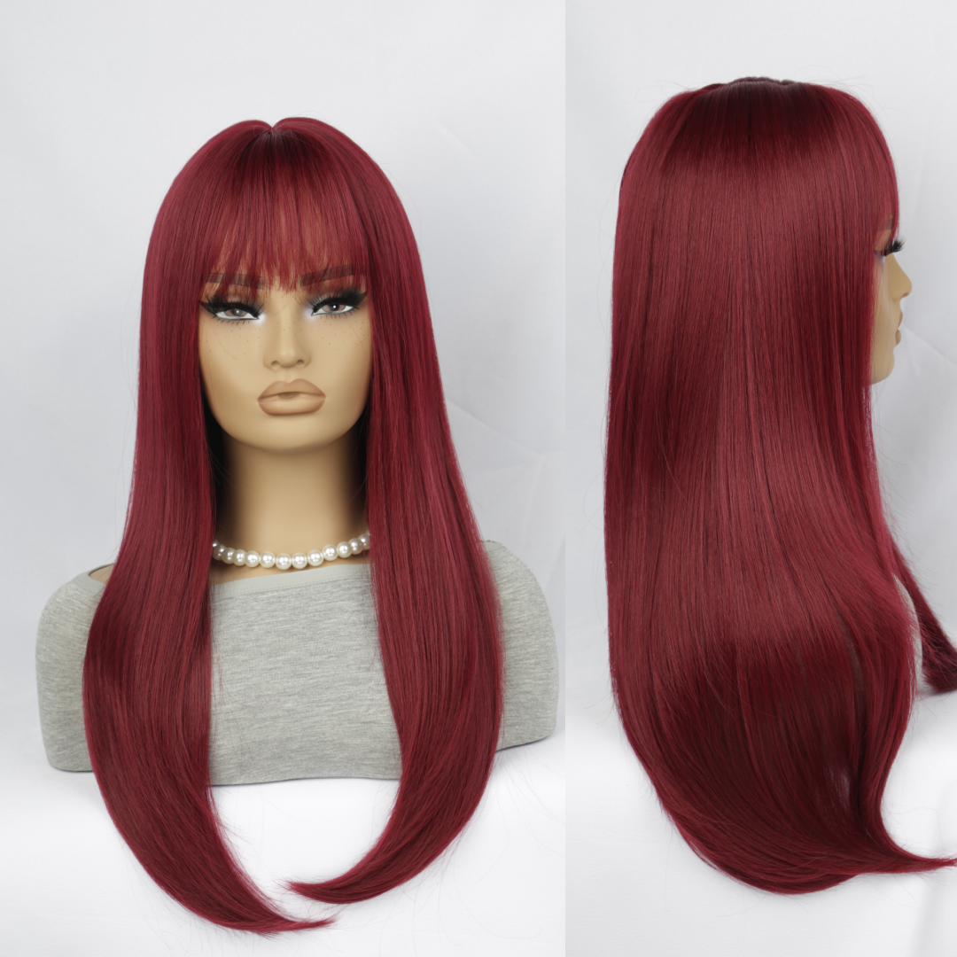 Long Straight Burgundy Wig with Bangs – Wine Red Full Wig