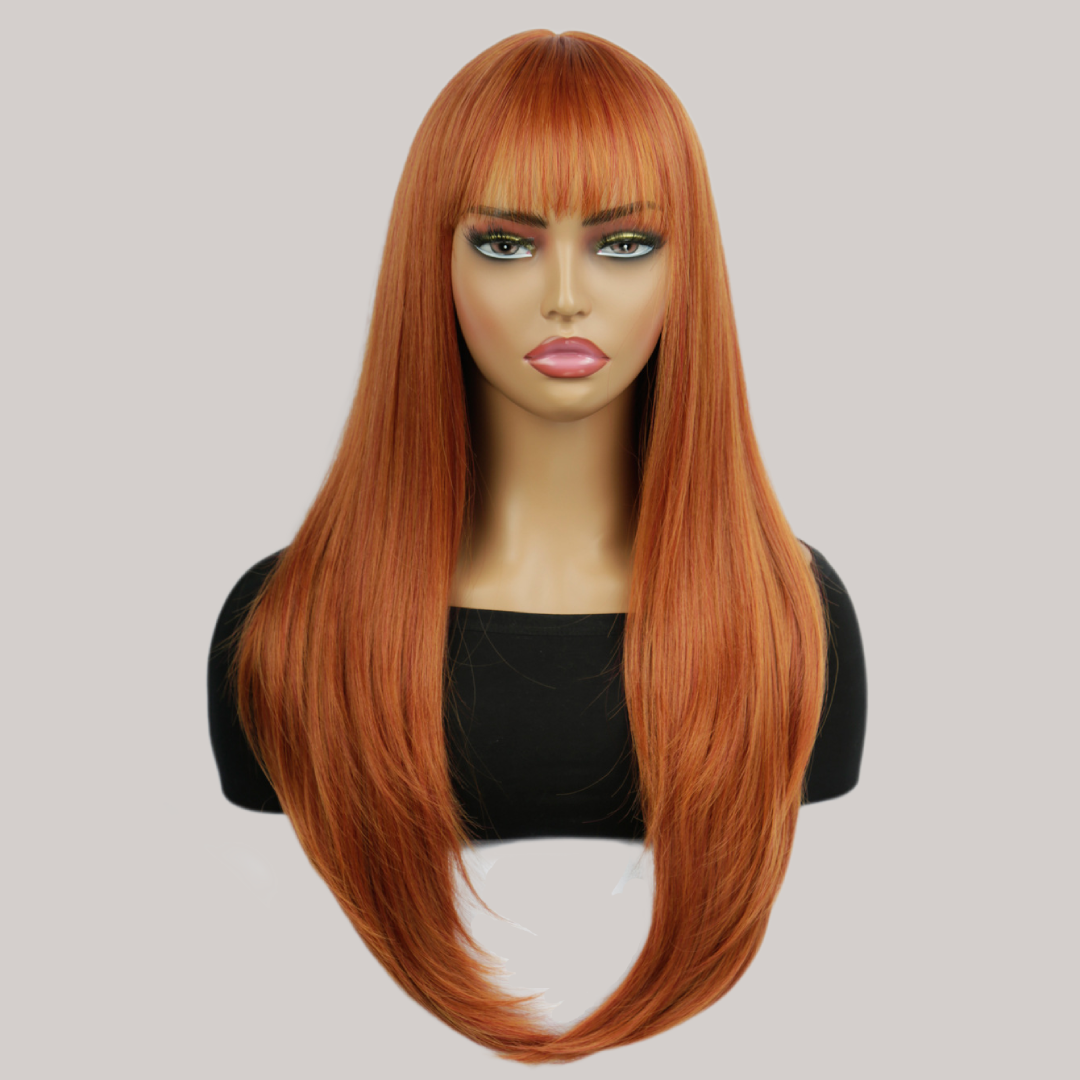 Long Straight Copper Auburn Wig with Bangs – Ginger Red Full Wig