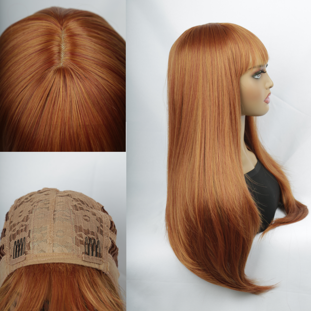 Long Straight Copper Auburn Wig with Bangs – Ginger Red Full Wig