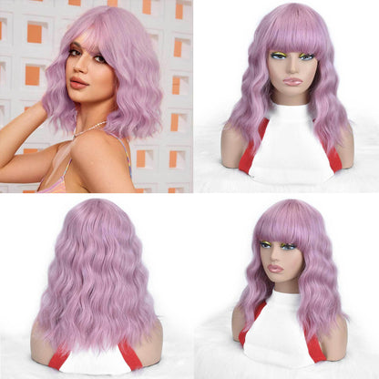 Long Lavender Pink Wavy Wig with Bangs – Pastel Lilac Shoulder Length Wig