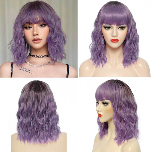 Long Lavender Purple Wavy Wig with Bangs – Shoulder Length Curly Full Wig