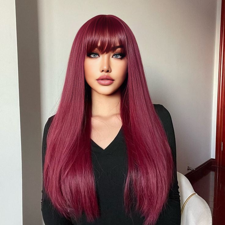 Long Straight Burgundy Wig with Bangs – Wine Red Full Wig