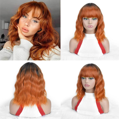 Auburn Wavy Wig with Bangs – Shoulder Length Curly Wig