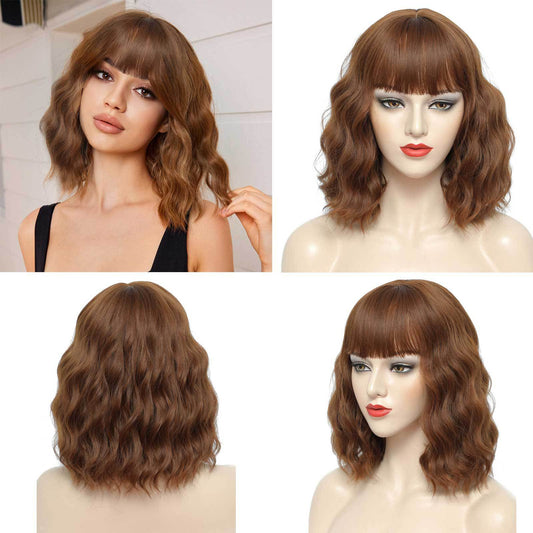 Short Wigs Curly Wig With Bangs Full Headset Water Wave Pattern Brown