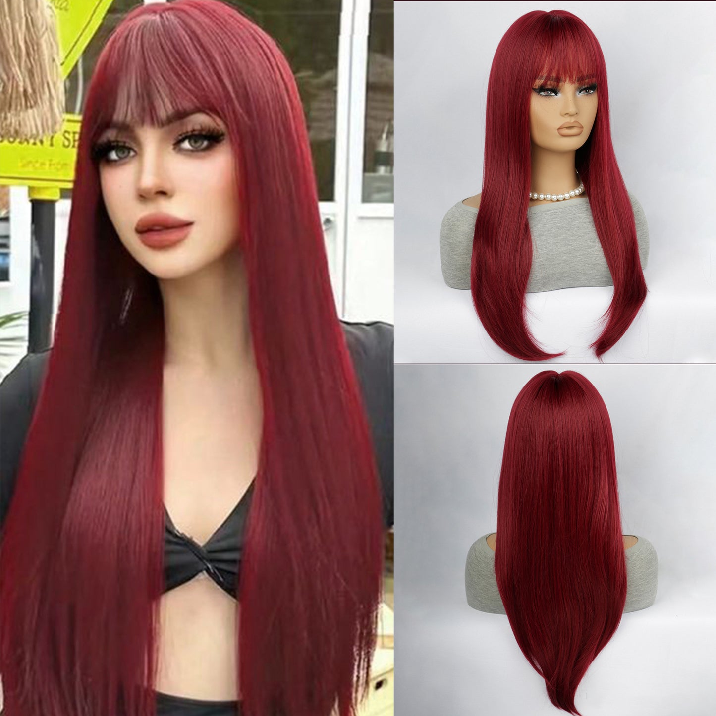Long Straight Burgundy Wig with Bangs – Wine Red Full Wig